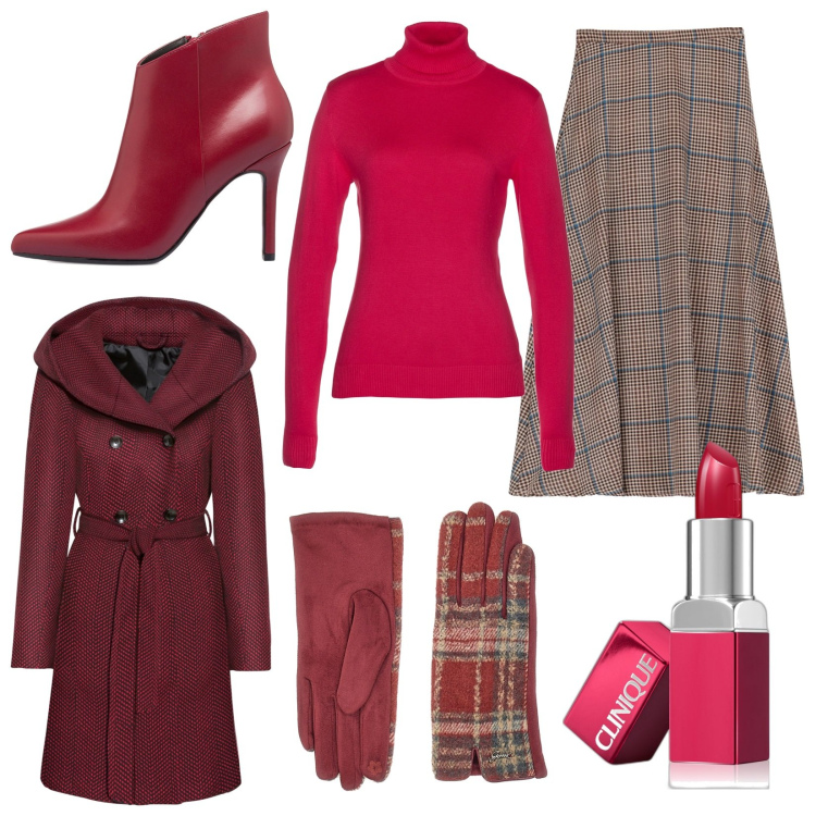 Outfit donna - Rosso e tartan. Stile Chic per Cerimonia. look ideale per Petite. Abbinamento con cappotti, maglieria, rossetti, gonne longuette, stivaletti, guanti.
