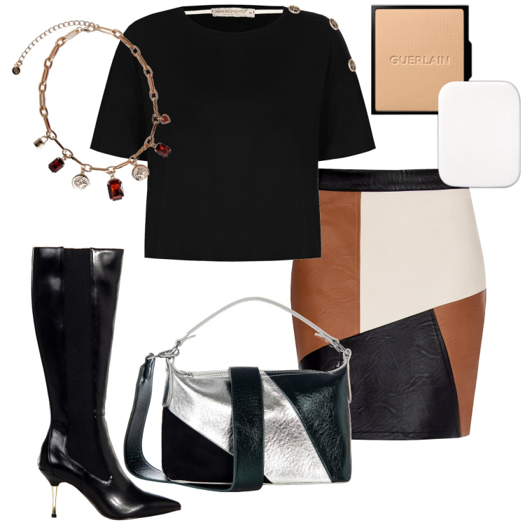 Outfit donna - Gonna tubino patch. Stile Glamour per Ufficio. Abbinamento con fondotinta, minigonne, t-shirt, stivali sopra il ginocchio, borse a mano, collane.