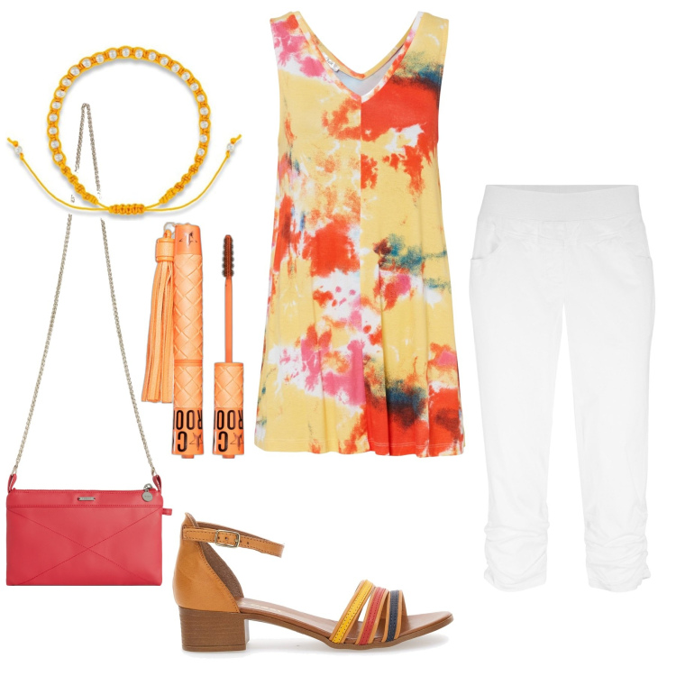 Outfit donna - Total look #1776270. Stile Casual per Tutti i giorni. Abbinamento con pantaloni, top, mascara, clutch, sandali in pelle, braccialetti.