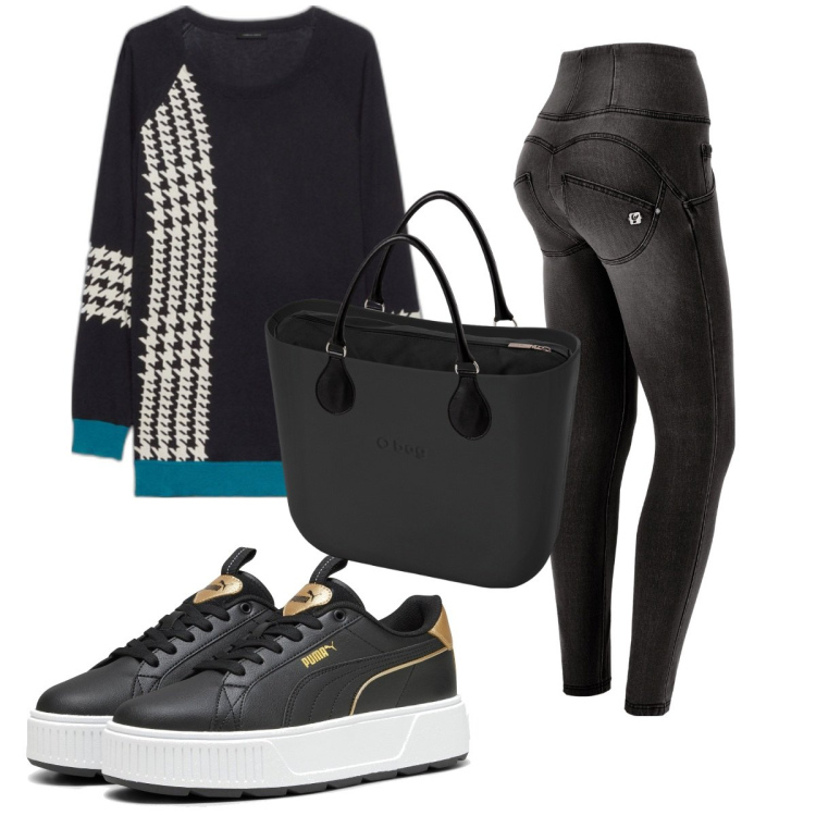 Outfit donna - Total look #1776271. Stile Trendy per Tutti i giorni. Abbinamento con jeans strappati, sneakers, maglieria, borse a spalla.