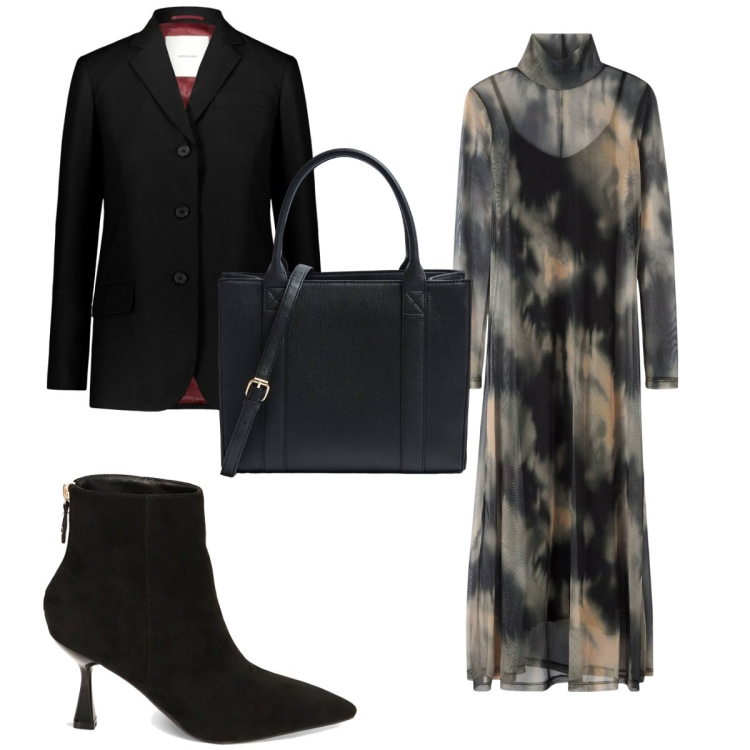 Outfit donna - Total look #1776275. Stile Trendy per Serata fuori. Abbinamento con vestiti, shopping bag, stivaletti, blazer.