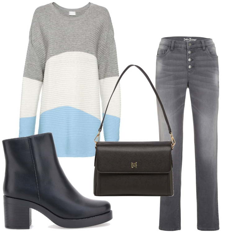 Outfit donna - Total look #1776277. Stile Trendy per Tutti i giorni. Abbinamento con maglieria, jeans boyfriend, borse a tracolla, stivaletti.
