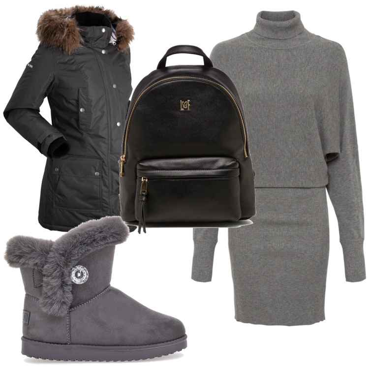Outfit donna - Total look #1776285. Stile Trendy per Tutti i giorni. Abbinamento con vestiti, cappotti, zaini, stivaletti.