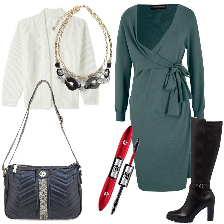 Outfit donna - Serate di festa in premaman. Stile Romantica per Serata fuori. look ideale per Premaman. Abbinamento con vestiti, mascara, cardigans, stivali sopra il ginocchio, collane, borse a tracolla.