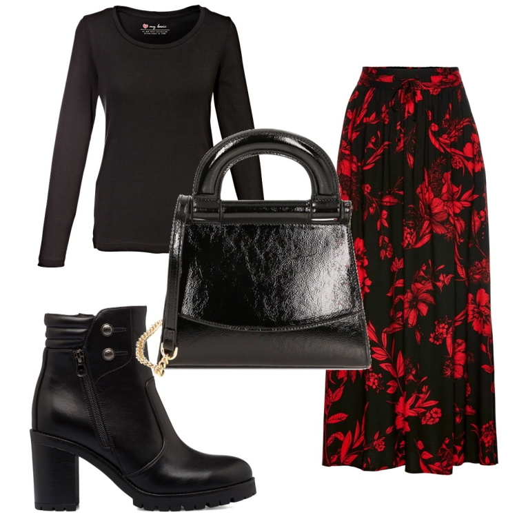 Outfit donna - Total look #1776303. Stile Trendy per Tutti i giorni. Abbinamento con gonne lunghe, maglieria, borse a mano, stivaletti.