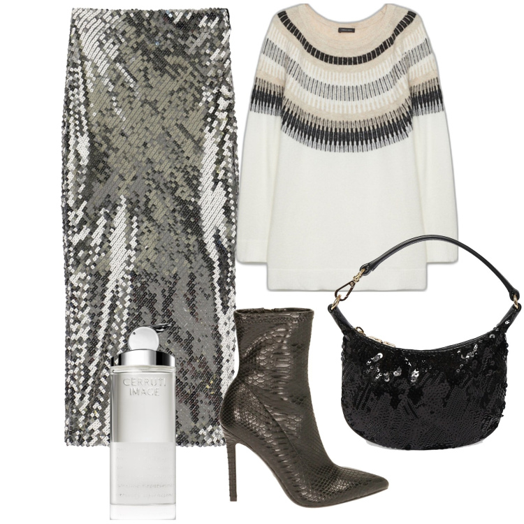 Outfit donna - La gonna in paillettes giorno e sera. Stile Chic per Serata fuori. Abbinamento con profumi, stivaletti, gonne longuette, maglieria, pochette.