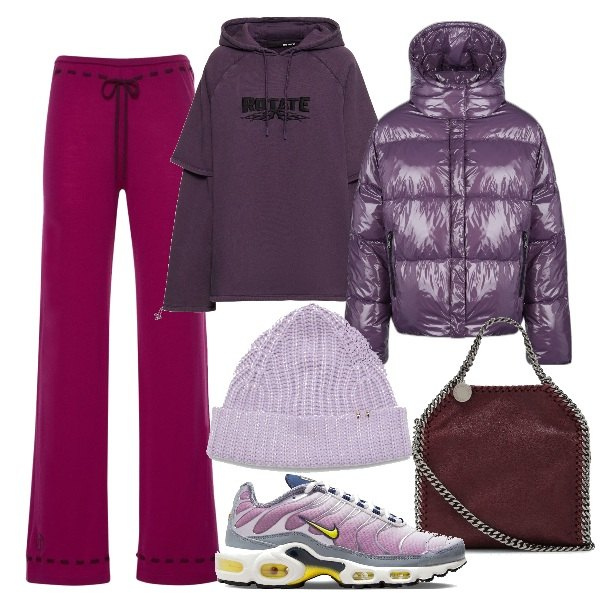 Outfit donna - Purple. Stile Urban per Tutti i giorni. Abbinamento con blazer, pantaloni, sneakers, borse tote, felpe con cappuccio, berretti.