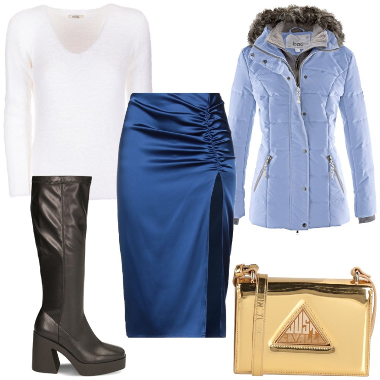 Outfit donna - Primadonna collection- glamour Xmas. Stile Glamour per Tutti i giorni. Abbinamento con piumini, gonne longuette, borse a tracolla, maglieria, stivali sopra il ginocchio.