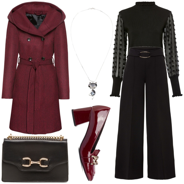 Outfit donna - Focus curvy. Stile Bon Ton per Serata fuori. Abbinamento con pantaloni a palazzo, cappotti, maglieria, collane, décolleté, borse a tracolla.