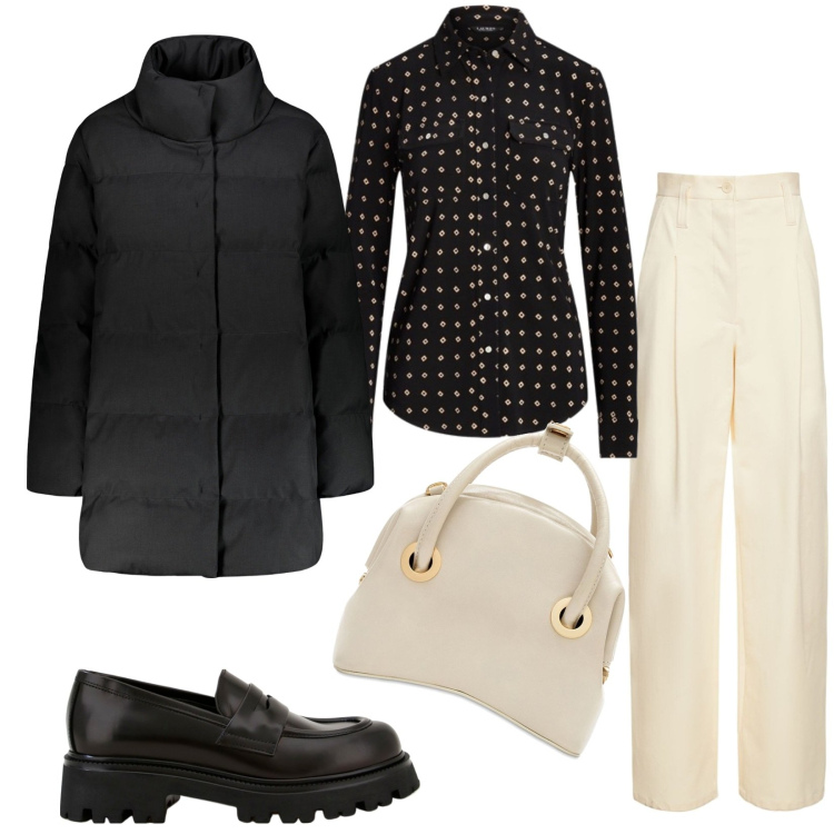 Outfit donna - Piumino caldo. Stile Bon Ton per Ufficio. Abbinamento con camicie, occhiali da sole, mocassini, piumini, borse a mano, pantaloni.