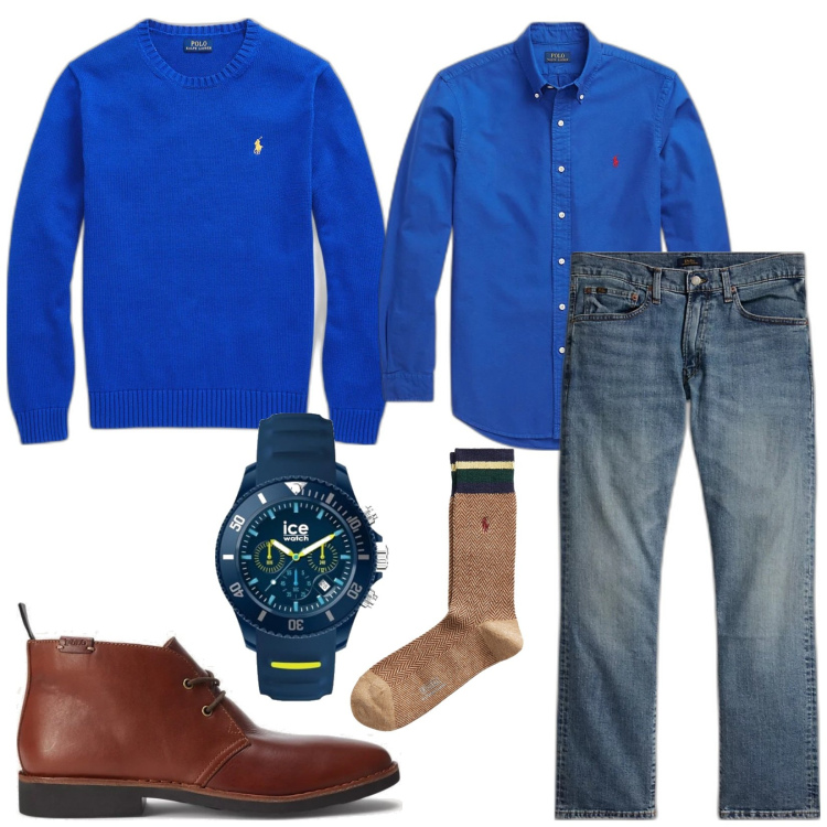 Outfit uomo - Blu elettrico. Stile Casual per Ufficio. Abbinamento con maglieria, jeans dritti, stivali e stivaletti, calzini, camicie, orologi.