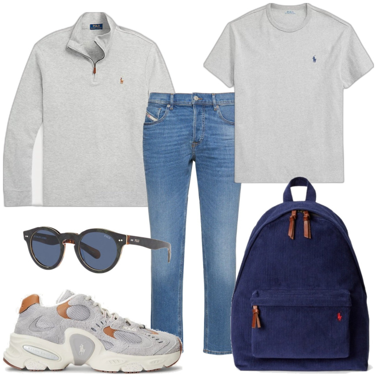 Outfit uomo - PoLo. Stile Trendy per Tutti i giorni. Abbinamento con t-shirt, pullovers, occhiali da sole, sneakers, borse sportive, jeans.
