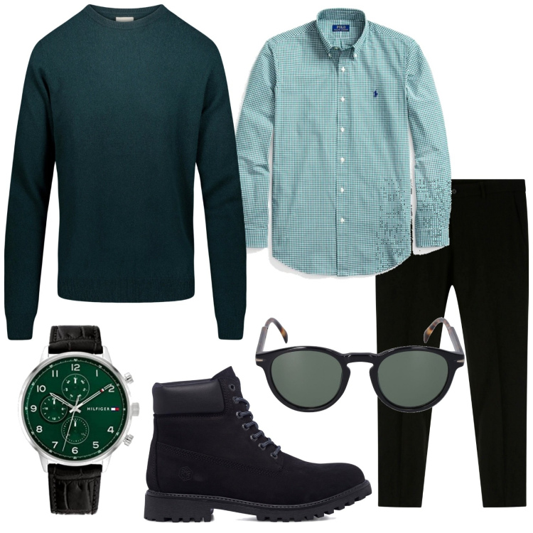 Outfit uomo - Total look #1776415. Stile Trendy per Tutti i giorni. Abbinamento con pantaloni, camicie, stivali e stivaletti, maglieria, occhiali da sole, orologi analogici.