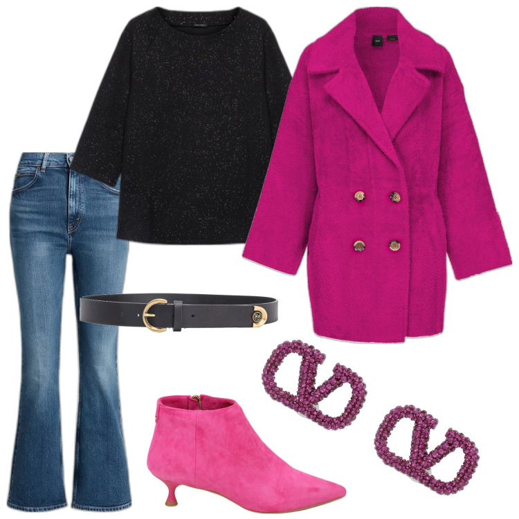 Outfit donna - Aperitivo. Stile Casual chic per Tutti i giorni. Abbinamento con cappotti, cinture, stivaletti, jeans, orecchini, t-shirt.