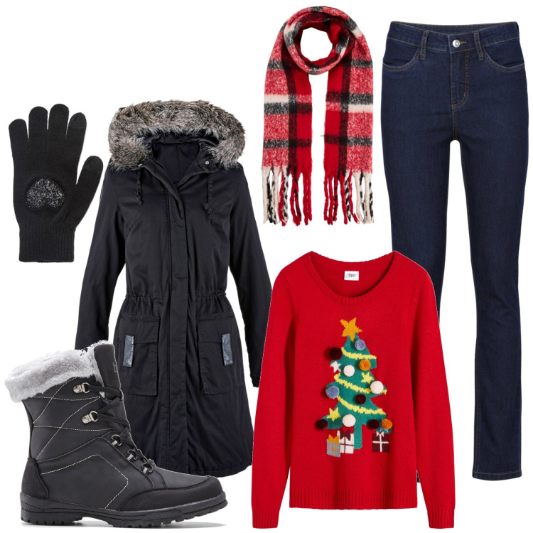 Outfit donna - Fuori nevica. Stile Casual per Tutti i giorni. Abbinamento con jeans, maglieria, stivali sopra il ginocchio, parka, guanti, sciarpe.