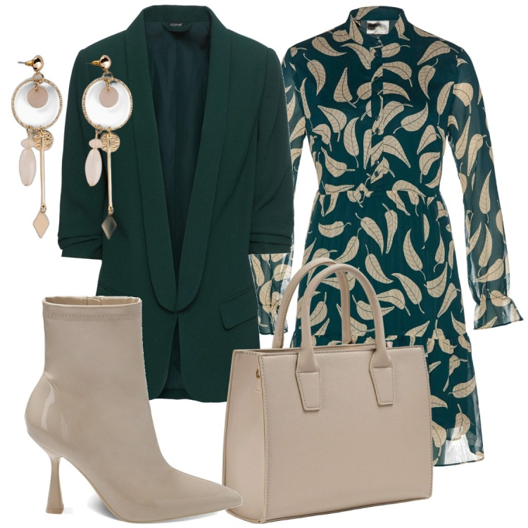 Outfit donna - Shopping in centro. Stile Chic per Serata fuori. Abbinamento con blazer, orecchini, vestiti, shopping bag, stivaletti.