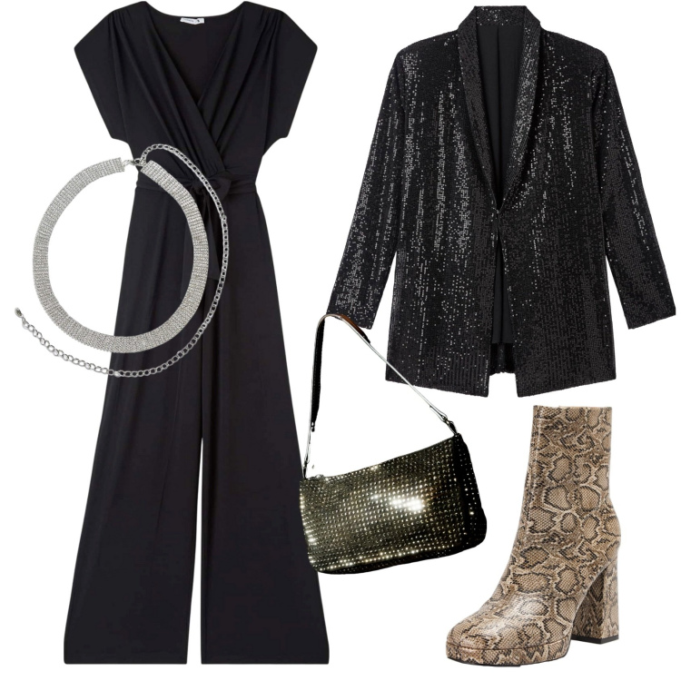 Outfit donna - Party. Stile Chic per Serata fuori. Abbinamento con cinture, tute, camicie, borse a spalla, stivaletti.
