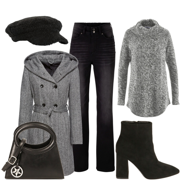 Outfit donna - Casual chic. Stile Casual chic per Tutti i giorni. Abbinamento con jeans bootcut, cappotti, maglieria, cappelli con visiera, stivaletti, borse a spalla.