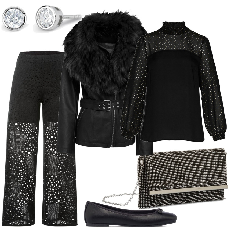 Outfit donna - Paiettes e ballerine flat. Stile Chic per Serata fuori. Abbinamento con pantaloni, tuniche, blazer, orecchini, ballerine, clutch.