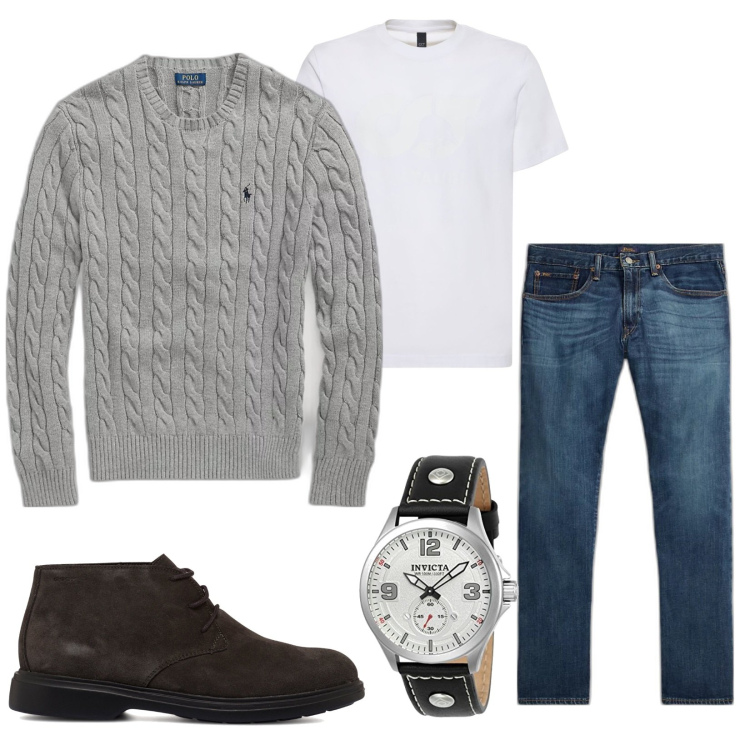 Outfit uomo - Total look #1776482. Stile Urban per Tutti i giorni. Abbinamento con jeans dritti, maglieria, stivali e stivaletti, t-shirt, orologi.