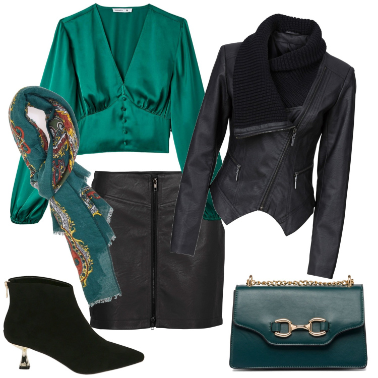 Outfit donna - Nero e verde. Stile Chic per Tutti i giorni. Abbinamento con blazer, minigonne, bluse, stivaletti, borse a tracolla, sciarpe.
