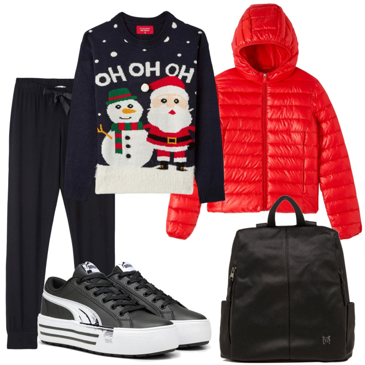 Outfit donna - Natale trendy. Stile Urban per Tutti i giorni. Abbinamento con pantaloni, maglieria, piumini, sneakers, zaini.
