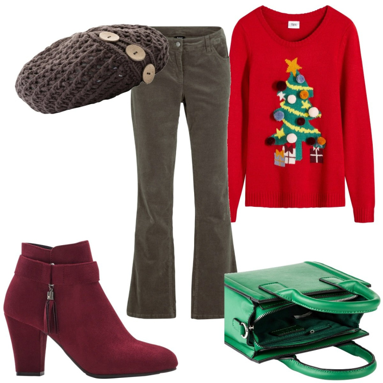 Outfit donna - Buon Natale da Bonprix. Stile Trendy per Tutti i giorni. Abbinamento con pantaloni, berretti, maglieria, stivaletti, borse a mano.