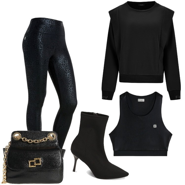 Outfit donna - Freddy - Dicembre. Stile Trendy per Serata fuori. Abbinamento con borse a tracolla, top, leggings, maglieria, stivaletti.