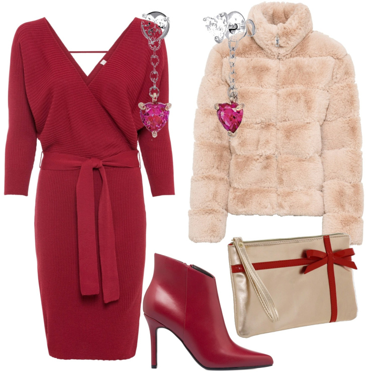 Outfit donna - la bustina a forma di regalo. Stile Bon Ton per Serata fuori. Abbinamento con ecopellicce, vestiti, orecchini, stivaletti, pochette.