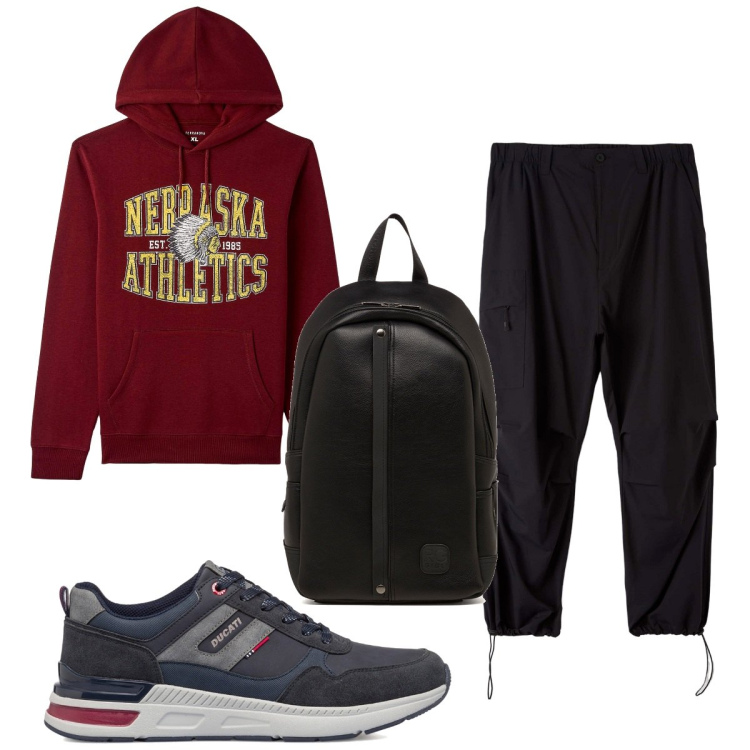 Outfit uomo - Total look #1776541. Stile Casual per Tutti i giorni. Abbinamento con pantaloni cargo, felpe con cappuccio, sneakers, borse sportive.