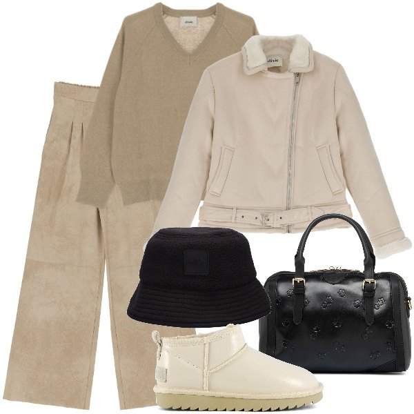 Outfit donna - Inverno. Stile Urban per Tutti i giorni. Abbinamento con cappotti, pantaloni a palazzo, pullovers, borse a mano, stivali, cappelli.