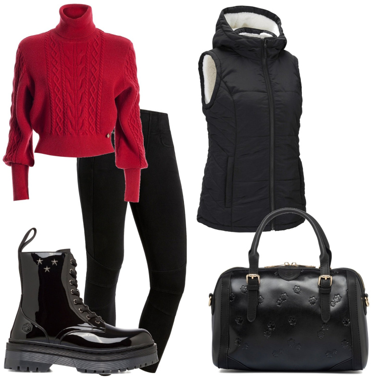 Outfit donna - Il Maglione con le trecce. Stile Urban per Tutti i giorni. Abbinamento con gilet, maglieria, pantaloni skinny, anfibi, borse a mano.