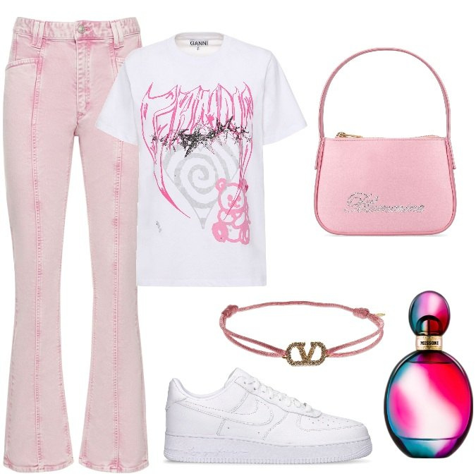 Outfit donna - Total look #1776553. Stile Urban per Tutti i giorni. Abbinamento con profumi, pantaloni, sneakers, braccialetti, borse a mano, t-shirt.