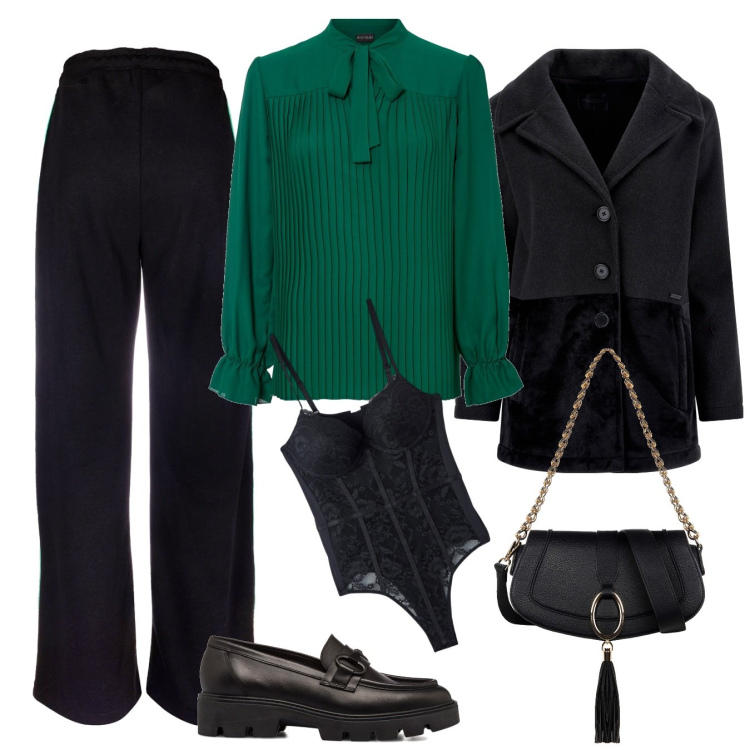 Outfit donna - Invitata. Stile Chic per Tutti i giorni. Abbinamento con bluse, culotte, borse a spalla, pantaloni a palazzo, cappotti, mocassini.