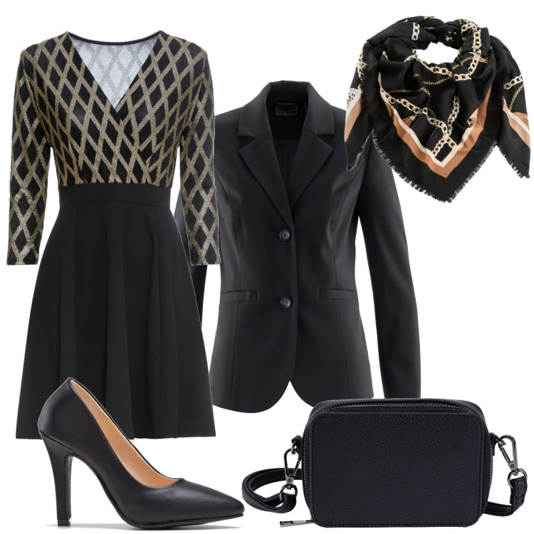 Outfit donna - Il Foulard per lei. Stile Chic per Serata fuori. Abbinamento con borse a tracolla, vestiti, blazer, foulard, décolleté.