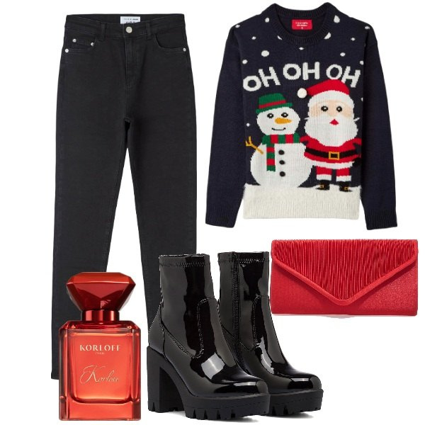 Outfit donna - Jeans + pullover. Stile Trendy per Tutti i giorni. Abbinamento con profumi, maglieria, jeans skinny, stivaletti, pochette.