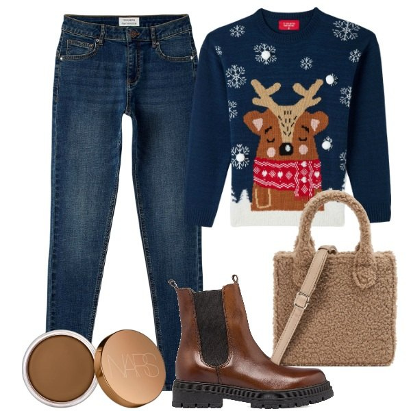 Outfit donna - Jeans + pullover. Stile Trendy per Tutti i giorni. Abbinamento con terre, jeans skinny, shopping bag, maglieria, stivaletti.