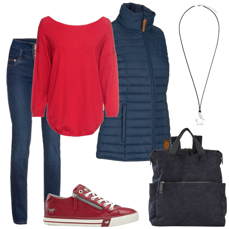 Outfit donna - Natale in sneakers. Stile Minimal per Tutti i giorni. Abbinamento con zaini, gilet, maglieria, sneakers, jeans, collane.