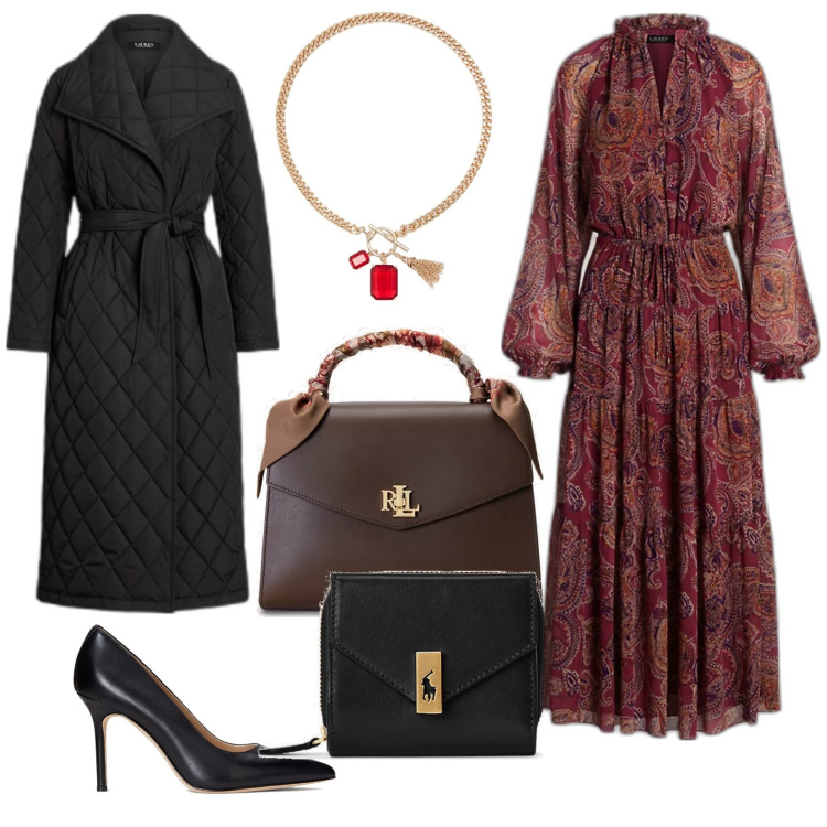 Outfit donna - Il piumincappotto. Stile Trendy per Serata fuori. Abbinamento con portafogli, vestiti, cappotti, borse a mano, collane, décolleté.
