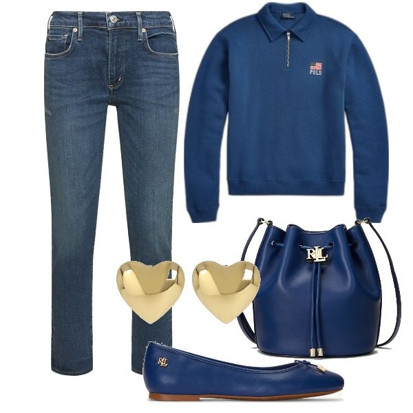 Outfit donna - Jeans + pullover. Stile Bon Ton per Tutti i giorni. Abbinamento con ballerine, borse a secchiello, pullovers, jeans slim fit, orecchini.
