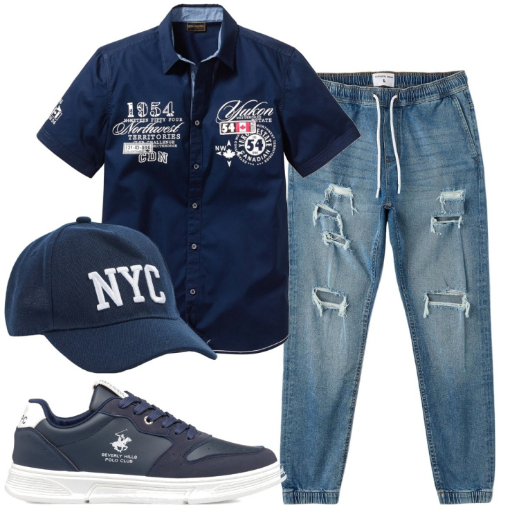 Outfit uomo - Total look #1776658. Stile Trendy per Tutti i giorni. Abbinamento con camicie a manica corta, cappelli, jeans strappati, sneakers.