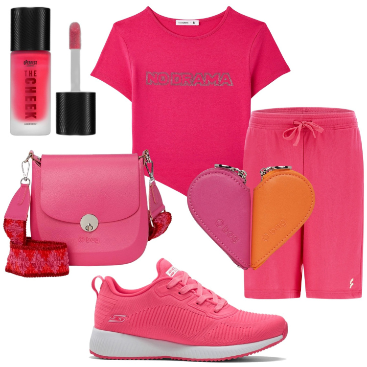 Outfit donna - Fucsia. Stile Romantica per Sport. Abbinamento con sneakers, blush, t-shirt, bermuda, portamonete, borse a spalla.