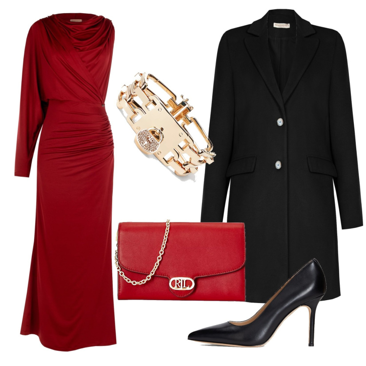 Outfit donna - Rinascimento Christmas. Stile Chic per Serata fuori. Abbinamento con vestiti asimmetrici, cappotti, borse a tracolla, braccialetti, décolleté.