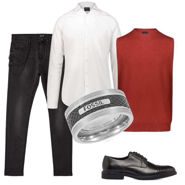 Outfit uomo - Un bel regalo. Stile Trendy per Cerimonia. Abbinamento con jeans skinny, scarpe stringate, camicie, gilet, anelli.