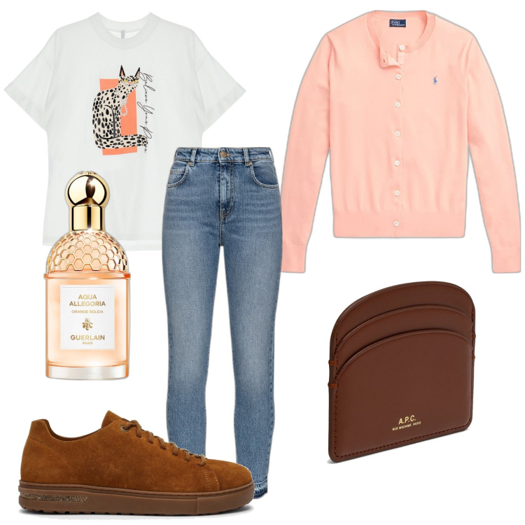 Outfit donna - Total look #1776676. Stile Casual chic per Tutti i giorni. Abbinamento con profumi, jeans slim fit, t-shirt, cardigans, sneakers, portafogli.