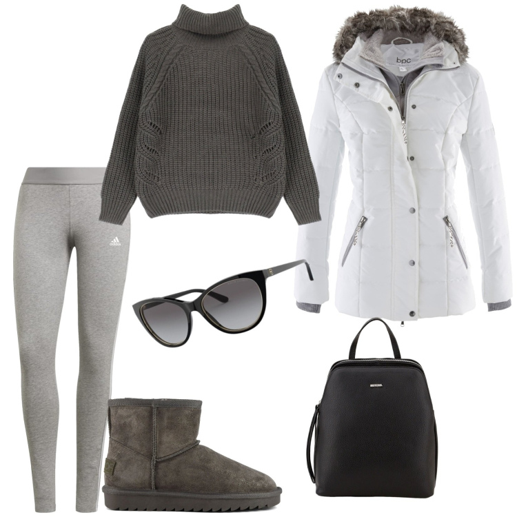 Outfit donna - Ai mercatini di Natale. Stile Casual per Tutti i giorni. Abbinamento con piumini, maglieria, zaini, leggings, occhiali da sole, stivali sopra il ginocchio.