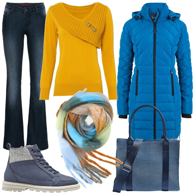Outfit donna - Gialloblù. Stile Casual per Tutti i giorni. Abbinamento con stivaletti, blazer, maglieria, jeans bootcut, shopping bag, sciarpe.