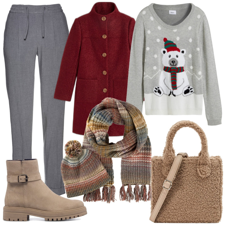 Outfit donna - Look comodo per le feste. Stile Basic per Tutti i giorni. Abbinamento con pantaloni, maglieria, cappotti, sciarpe, shopping bag, stivaletti.