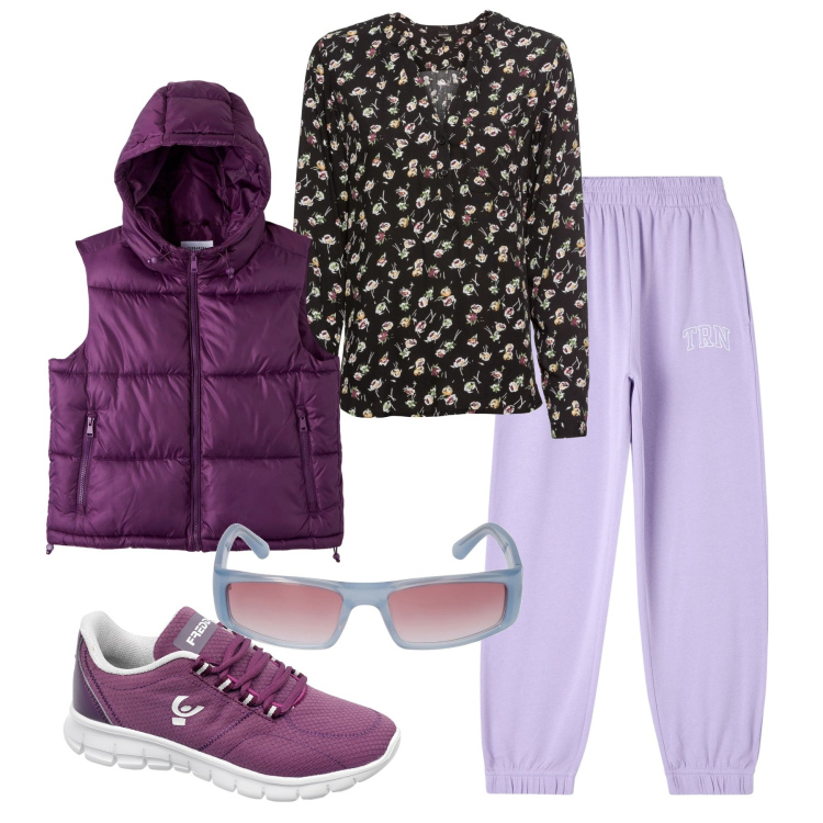 Outfit donna - Al parco. Stile Basic per Tutti i giorni. Abbinamento con bluse, piumini, pantaloni, sneakers, occhiali da sole.