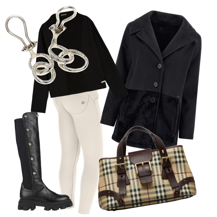 Outfit donna - Total look #1776708. Stile Casual per Tutti i giorni. Abbinamento con stivali sopra il ginocchio, borse a mano, orecchini, pantaloni skinny, cappotti, felpe.